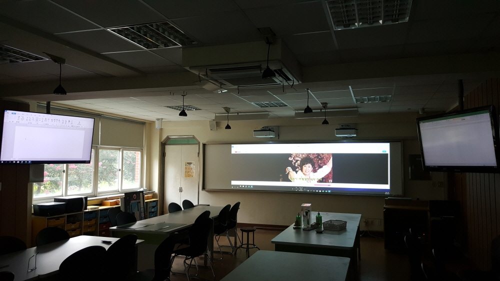 Middle school audiovisual room with a wide screen made from several projectors
